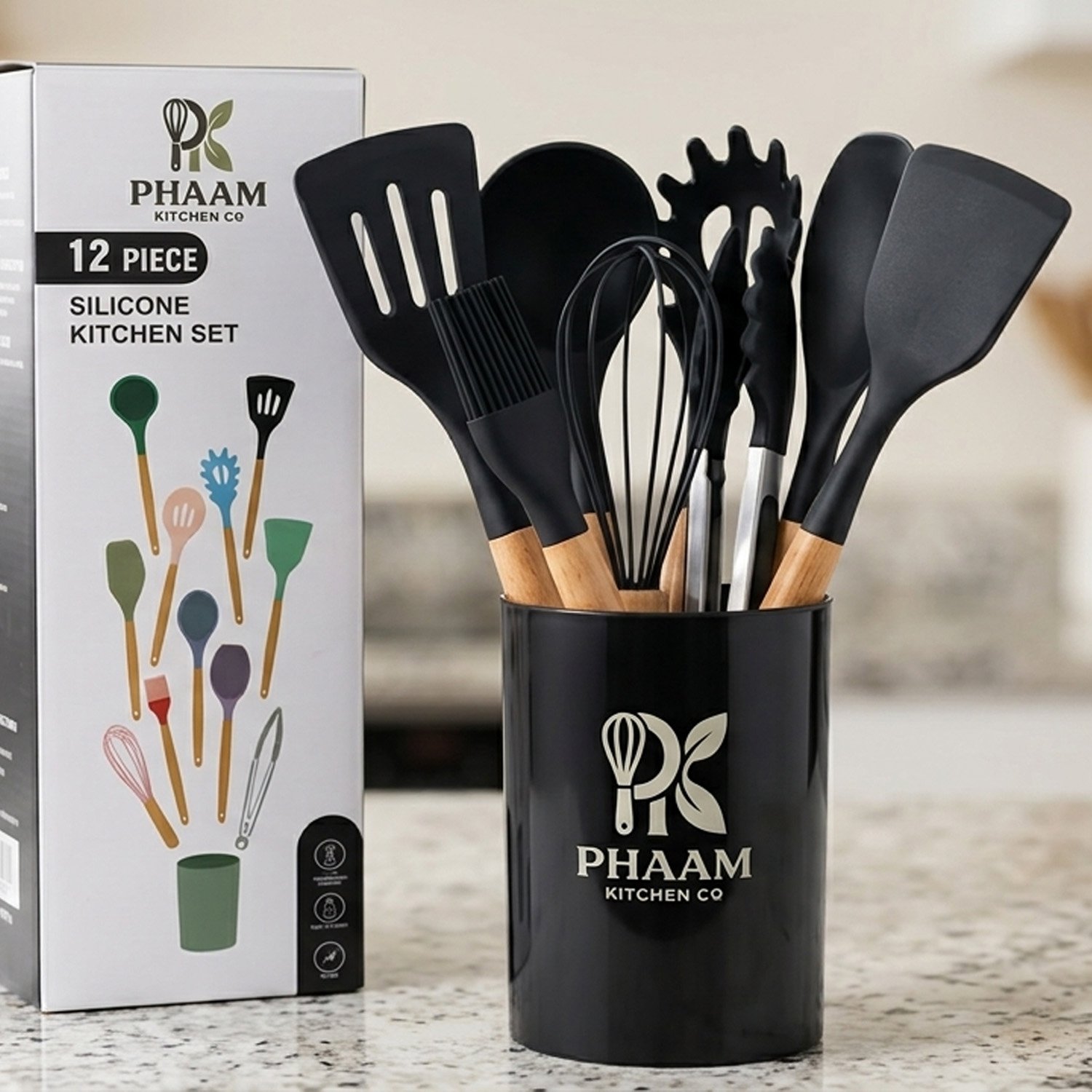 PHAAM 12-piece silicone kitchen set standing in its holder beside the packaging box