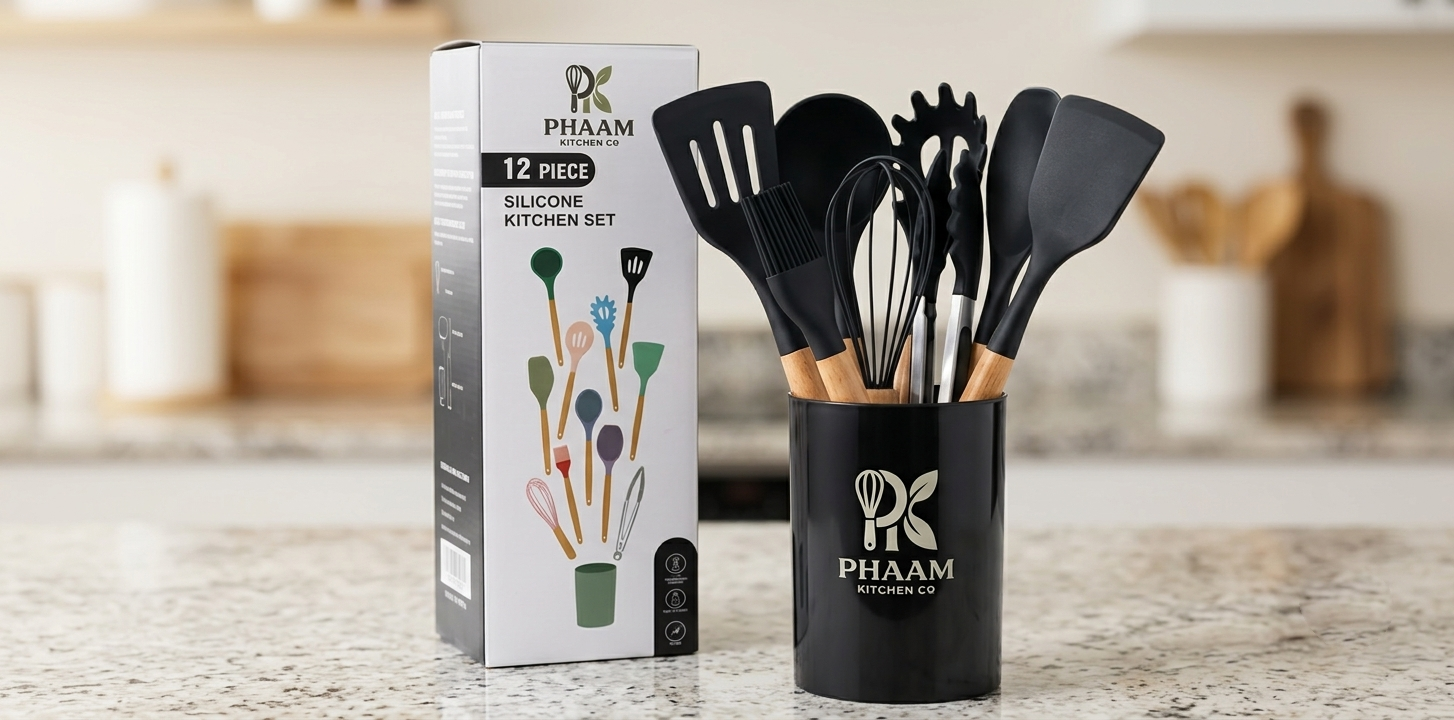 PHAAM Noir set with packaging on a kitchen counter