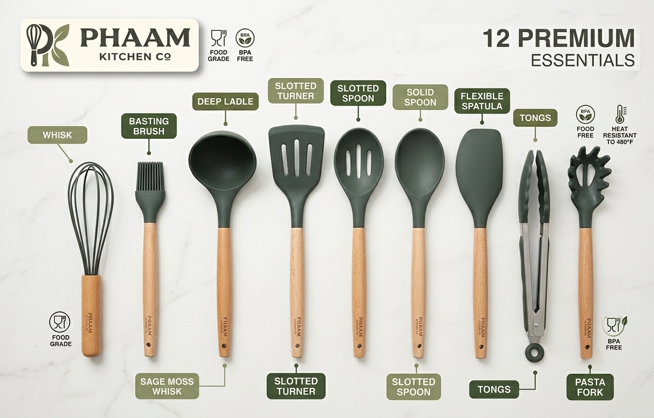 Labelled diagram of all twelve PHAAM utensils: whisk, basting brush, deep ladle, slotted turner, slotted spoon, solid spoon, flexible spatula, tongs and pasta fork