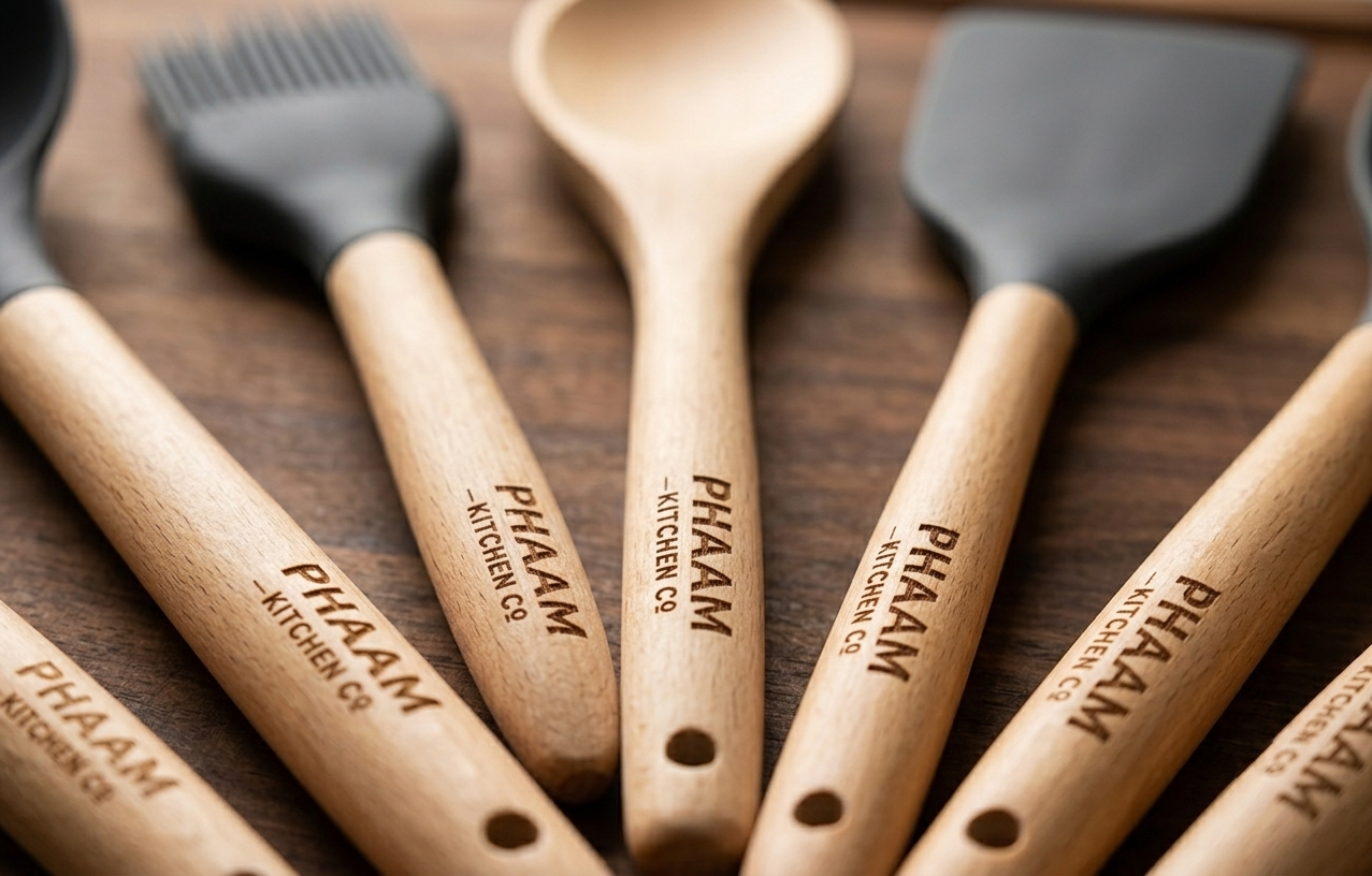 Close-up of PHAAM utensil handles showing the engraved beech wood and brand mark