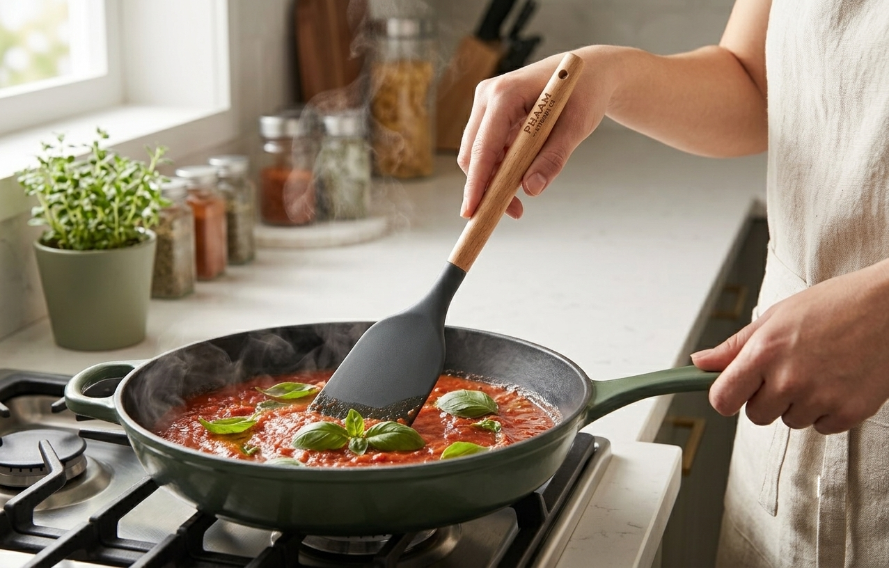 A PHAAM spatula stirring tomato sauce with basil in a skillet